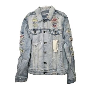KDNK Distressed denim Jean Jacket with paint splatter details Mens Size MEDIUM